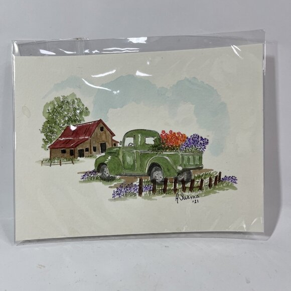 Handmade Other - Original Watercolor By A. Surma 2021 Farmhouse Green Truck Barn Fresh Flowers